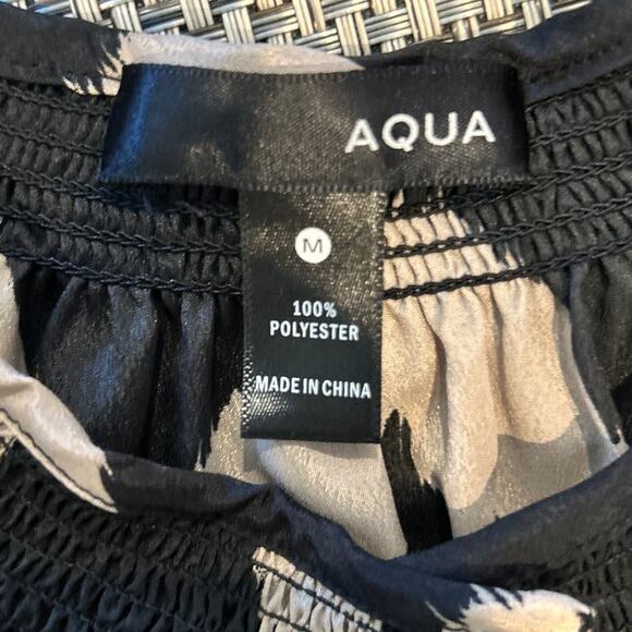 AQUA BLOOMINGDALES Zig Zag Black Beige Crew Neck Button Up Loose Tunic Dress M - Picture 3 of 5